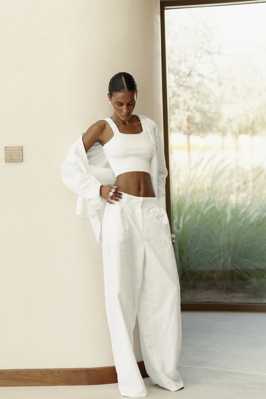 Linen Set with Trousers in White