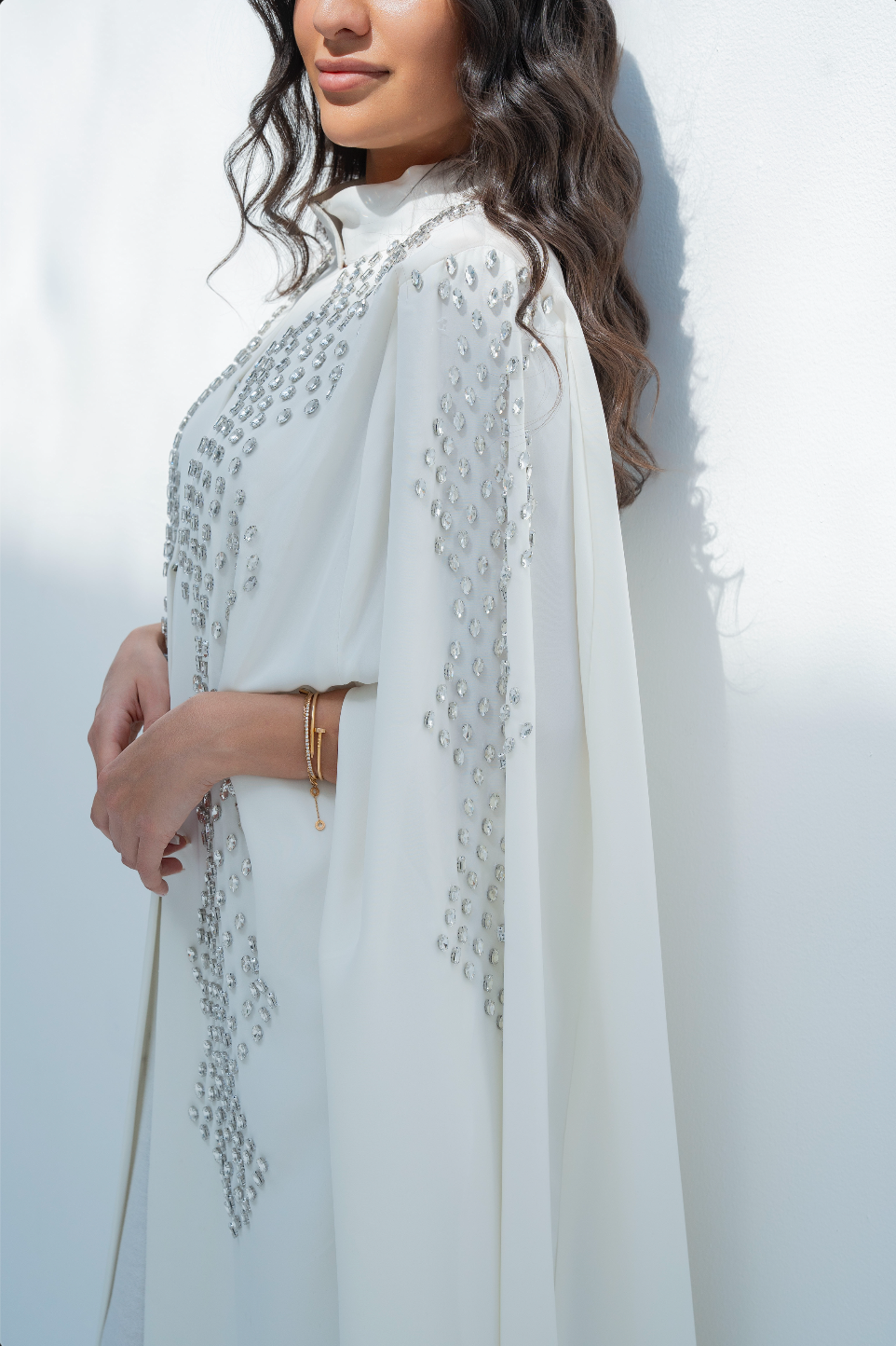 Abaya in White with Rhinestones