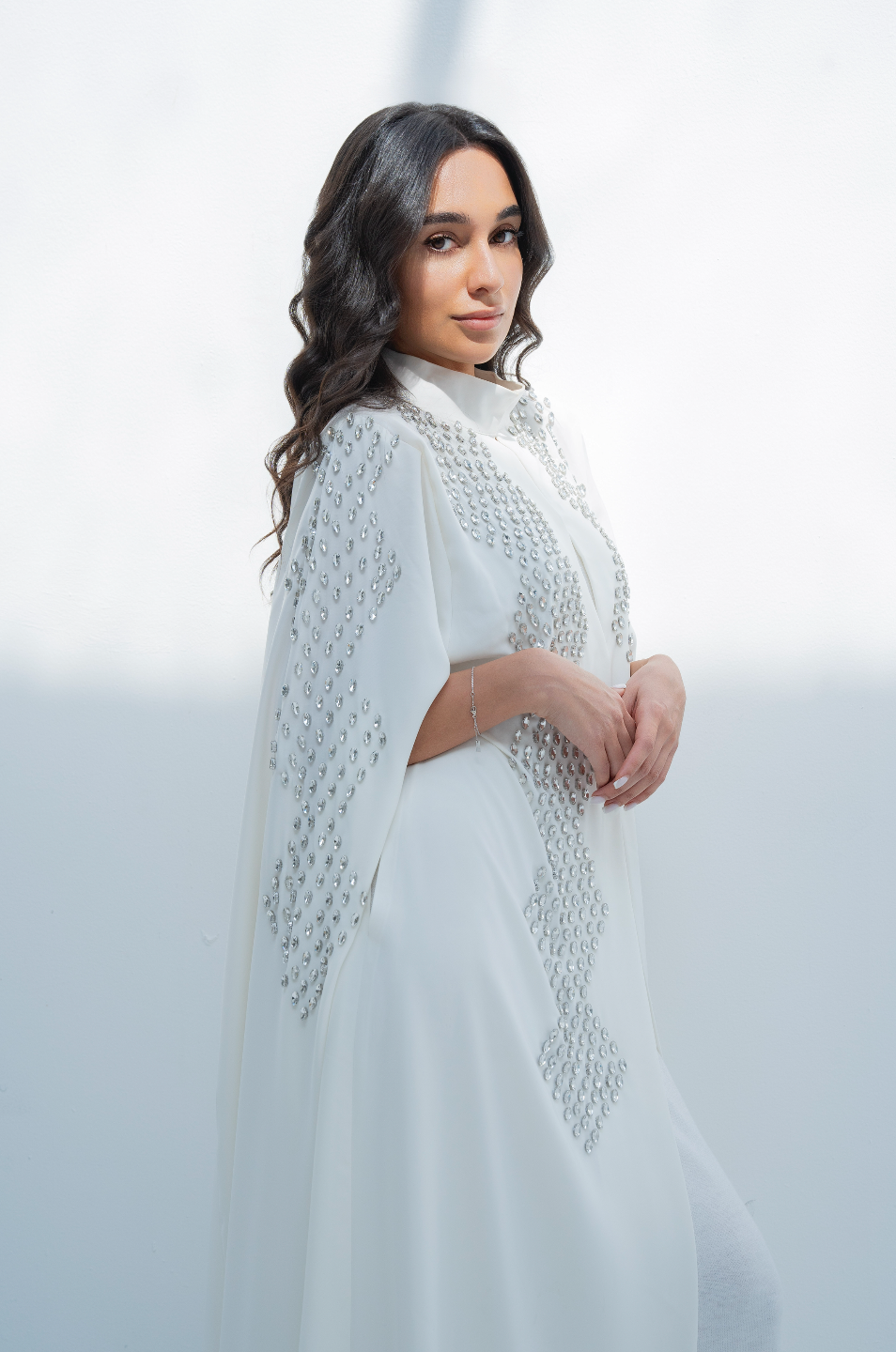 Abaya in White with Rhinestones