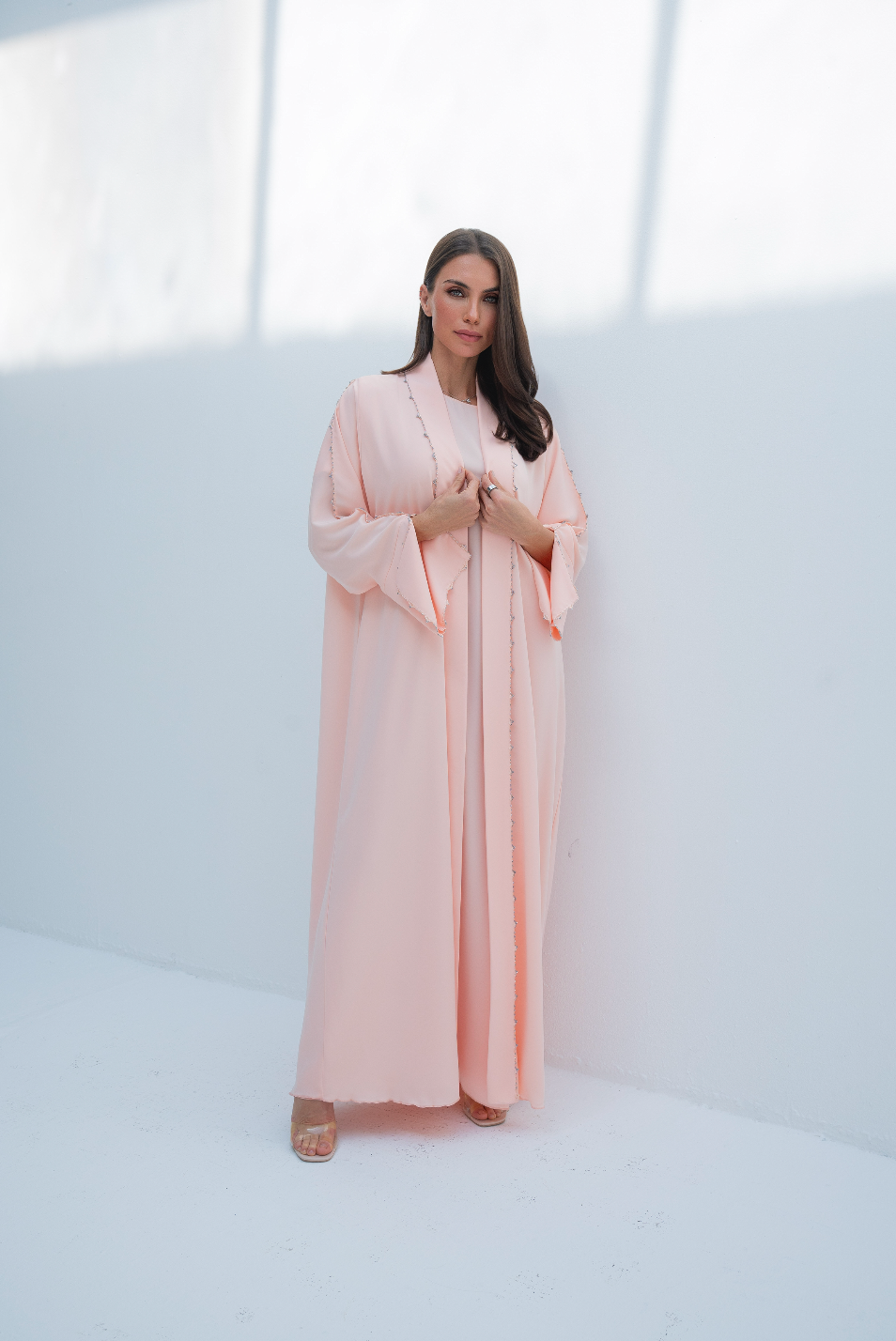 Open-Front Abaya in Pink with Crystals