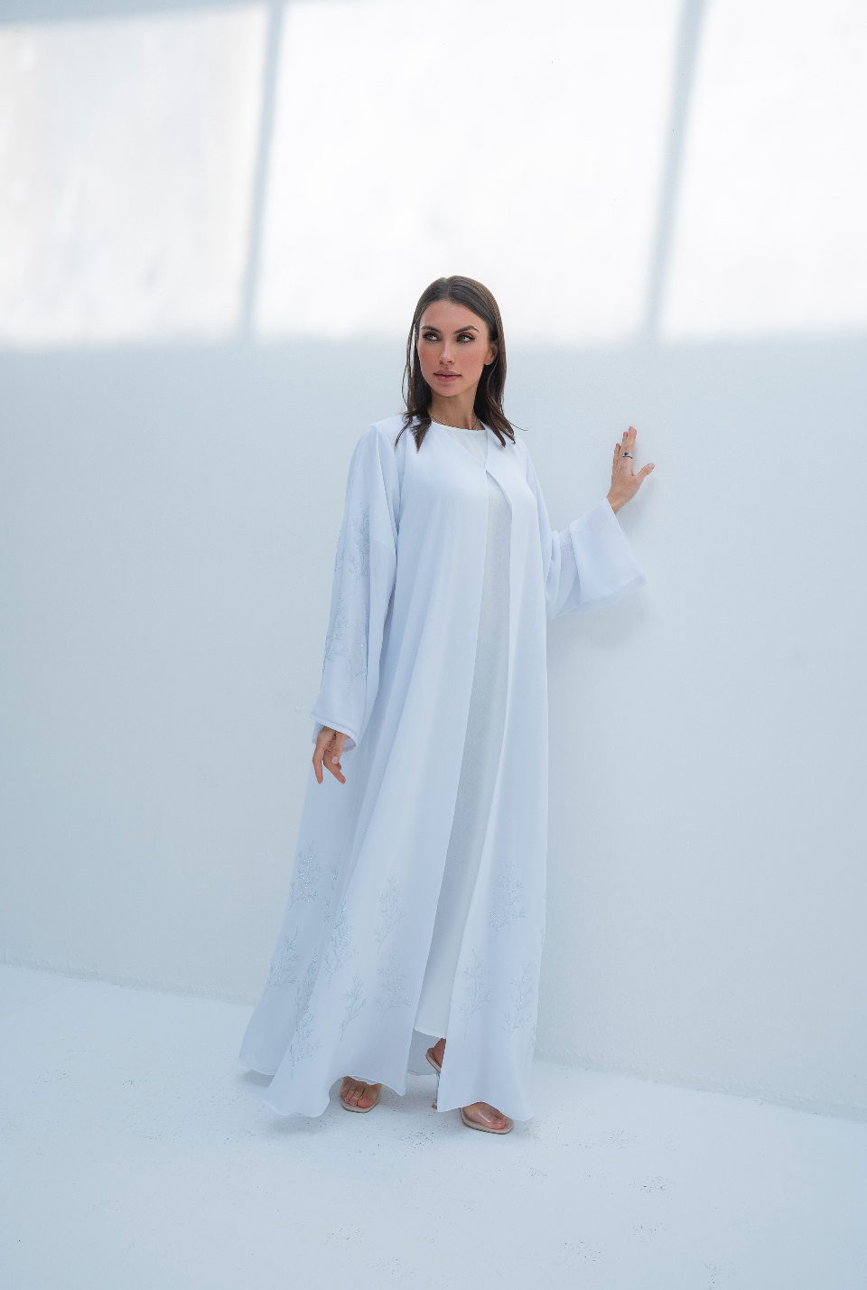 A-Line Abaya in White with Crystals