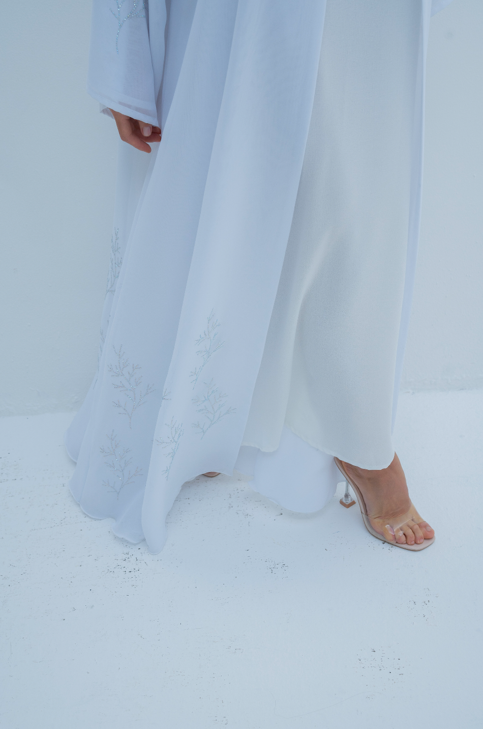 A-Line Abaya in White with Crystals