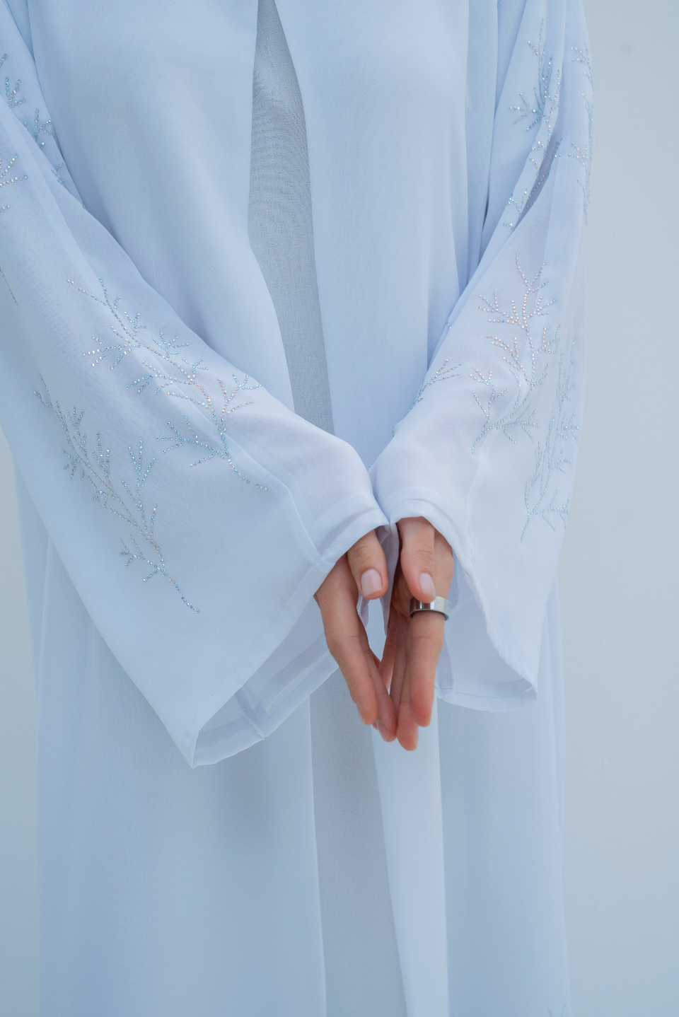 A-Line Abaya in White with Crystals