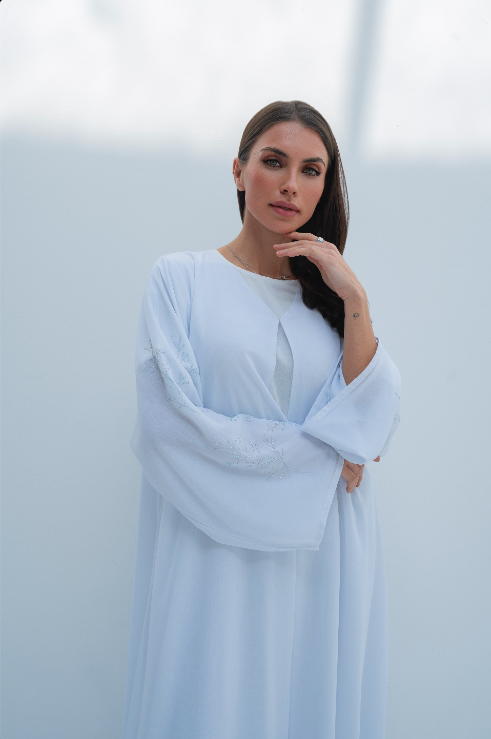 A-Line Abaya in White with Crystals