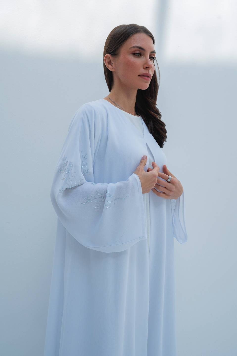 A-Line Abaya in White with Crystals
