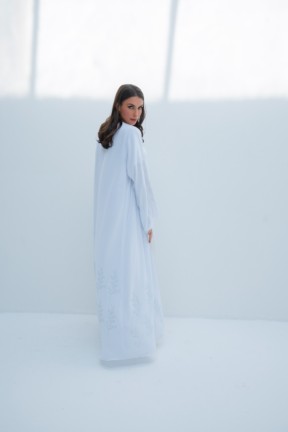 A-Line Abaya in White with Crystals