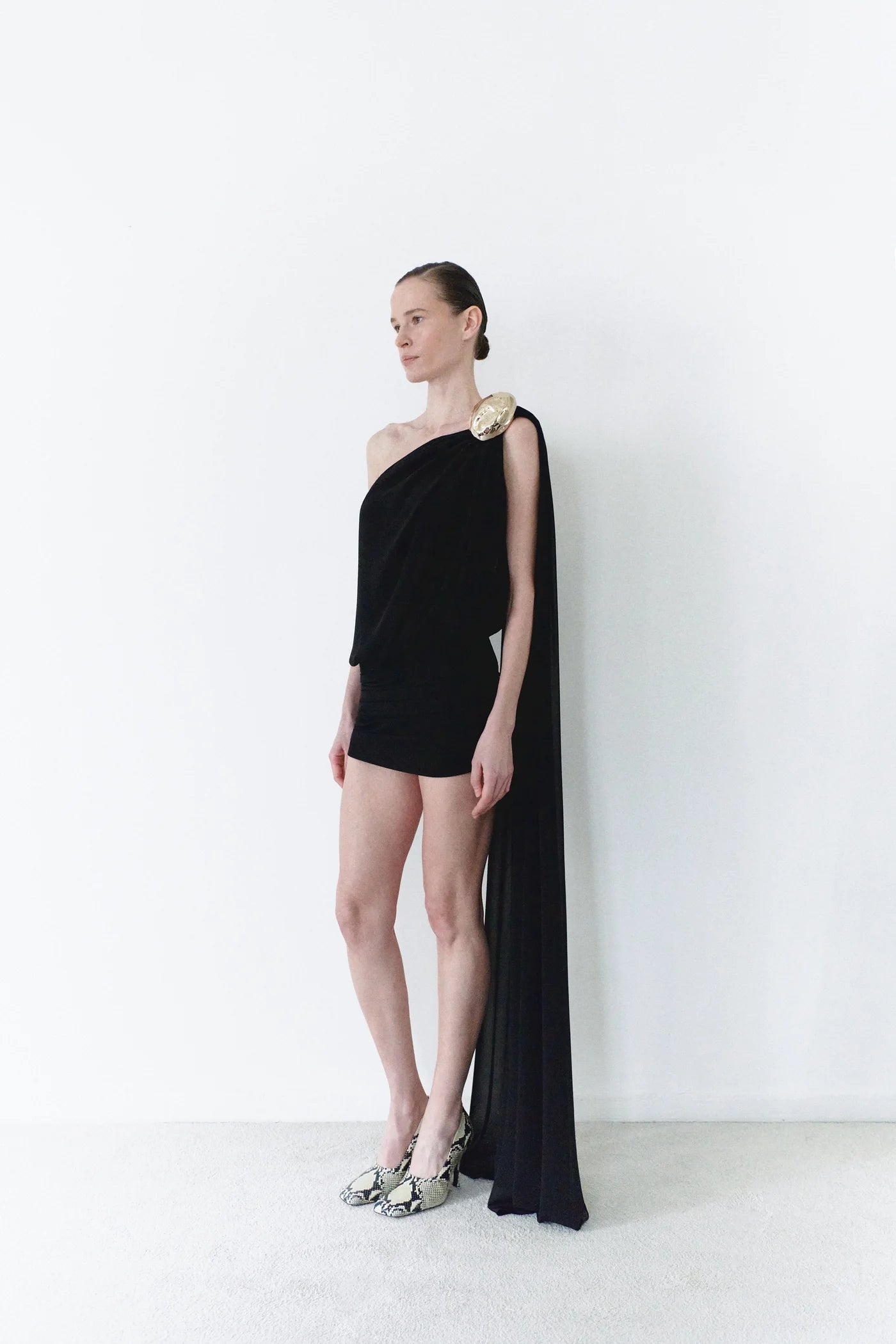 Chiffon Dress with Handmade Stone Detail in Black
