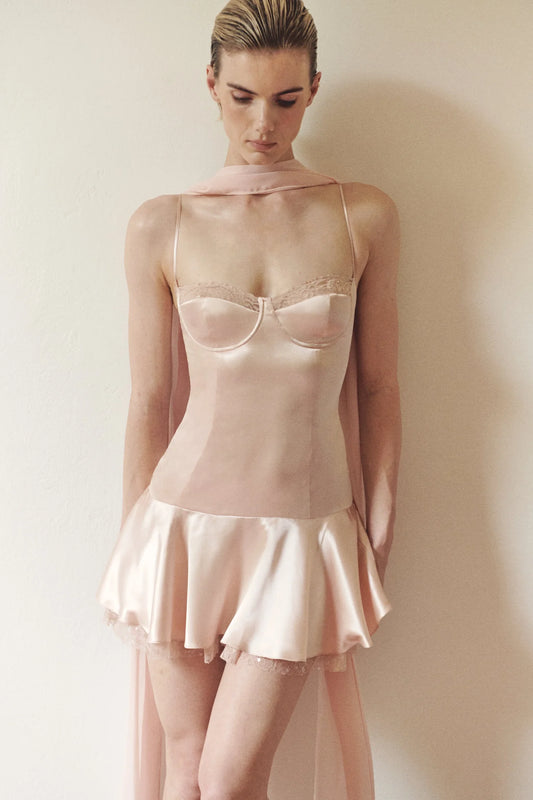 Lace Detailed Mini Dress with Scarf in Salmon