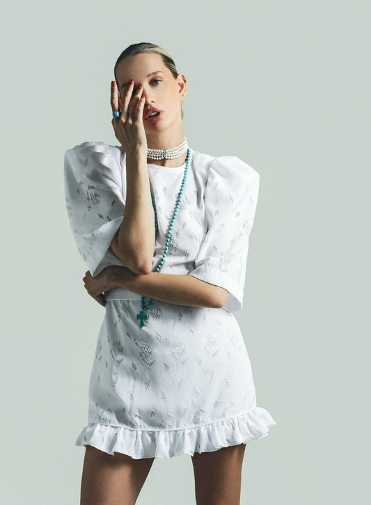 Mini Dress in White with Belt