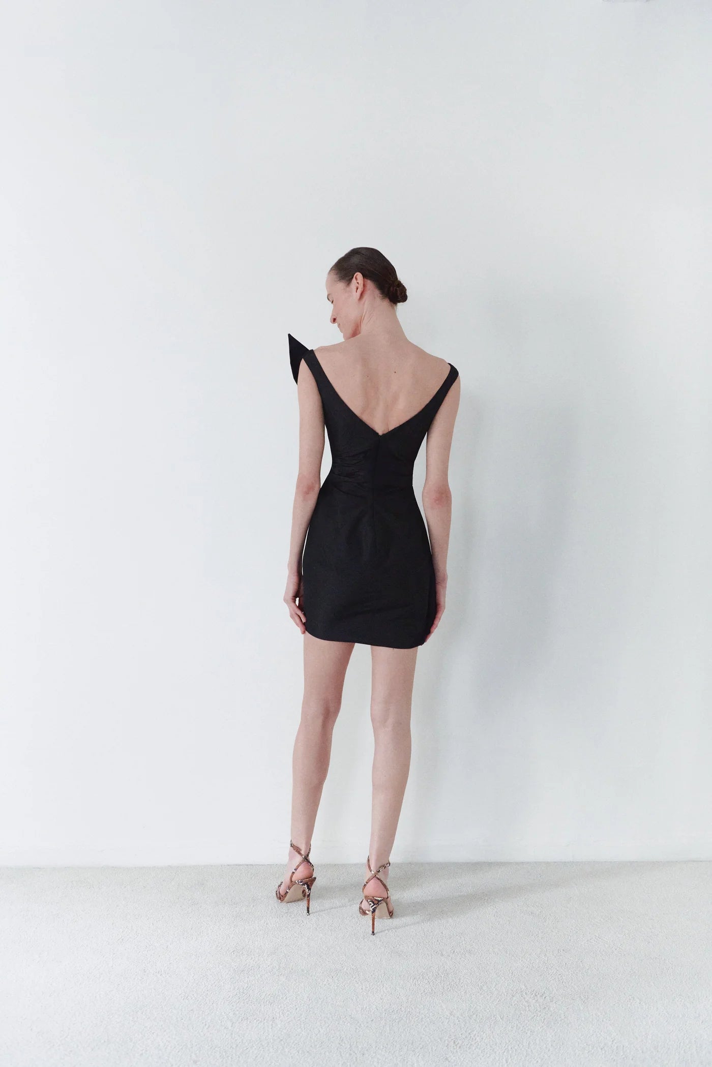 Taffeta Asymmetric Dress with Detachable Train in Black