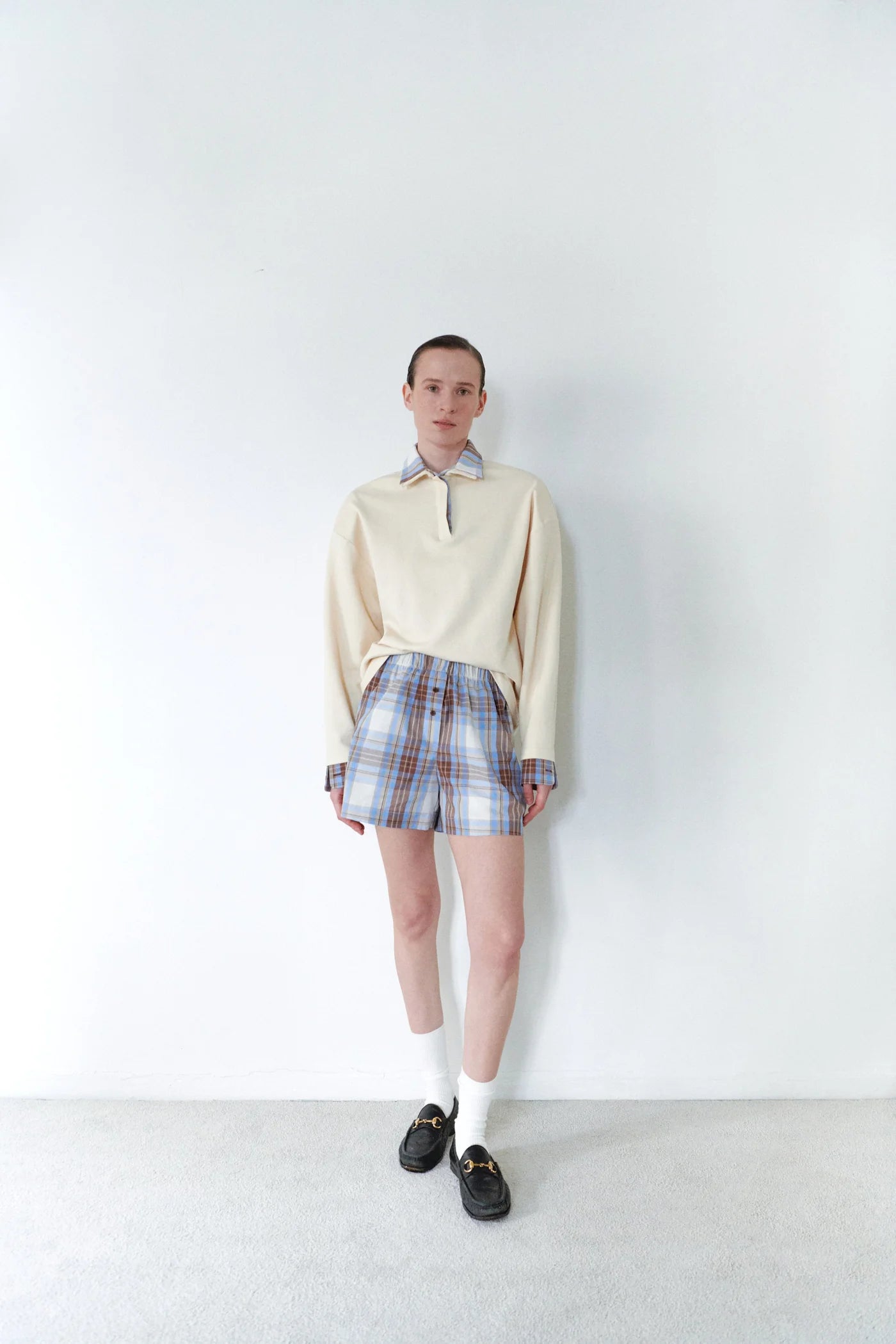 Plaid Short with Button Details in Blue