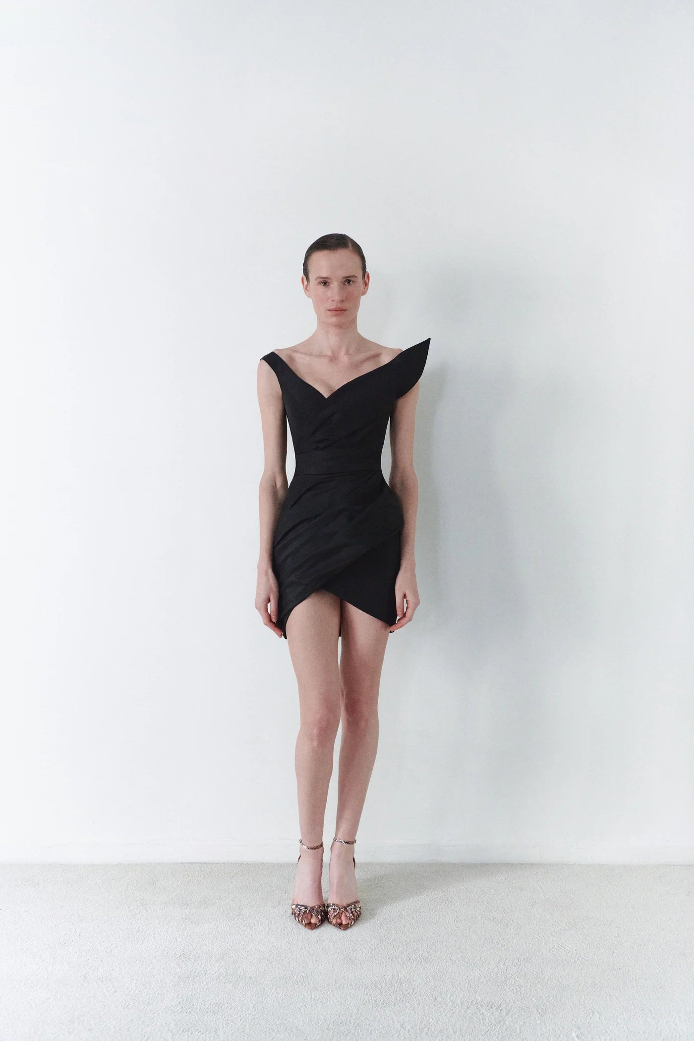 Taffeta Asymmetric Dress with Detachable Train in Black