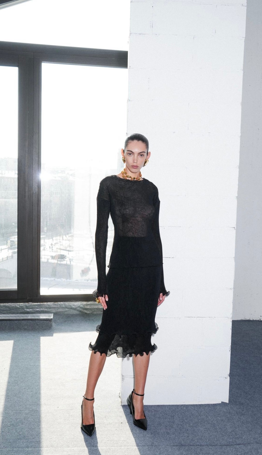 Simona Midi Double Flounce Skirt in Black