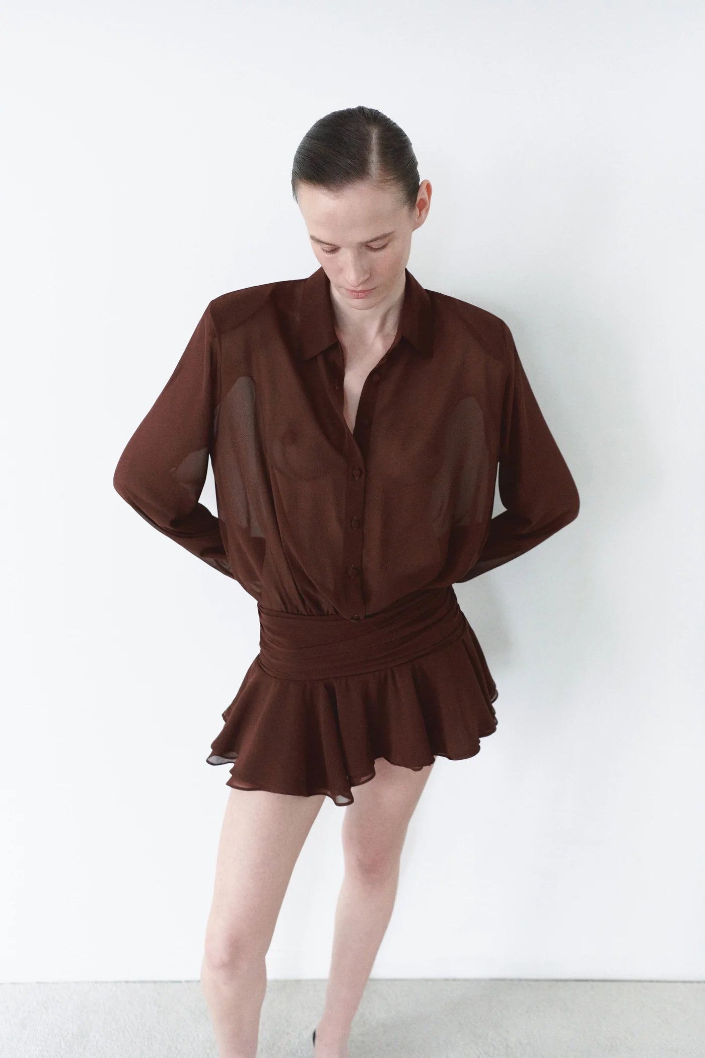 Chiffon Shirt Dress in Brown