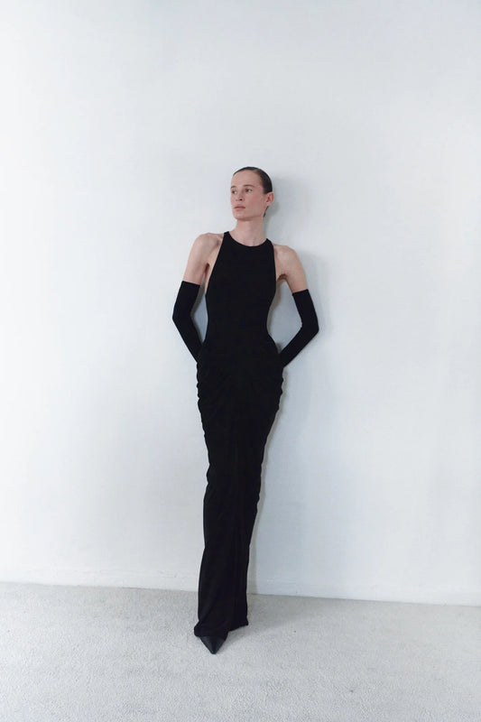 Halter Neck Draped Dress with Gloves in Black
