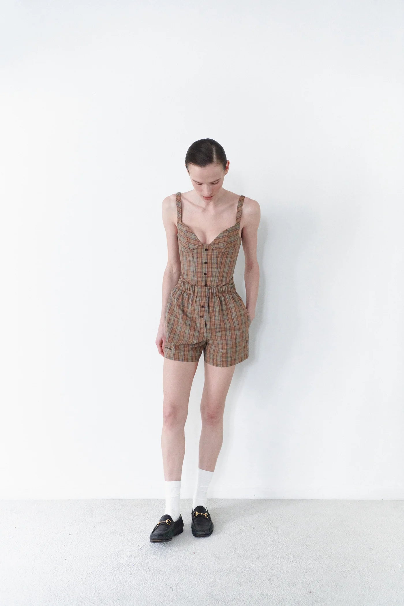 Plaid Short with Button Details in Brown