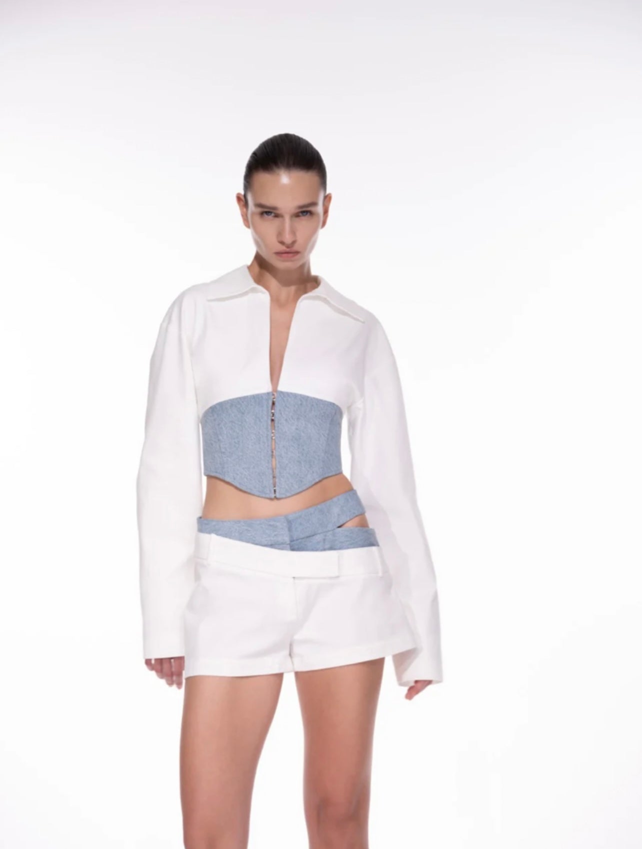 Side Show Double Shorts in Light Gabardine x Denim in White and Sky Blue