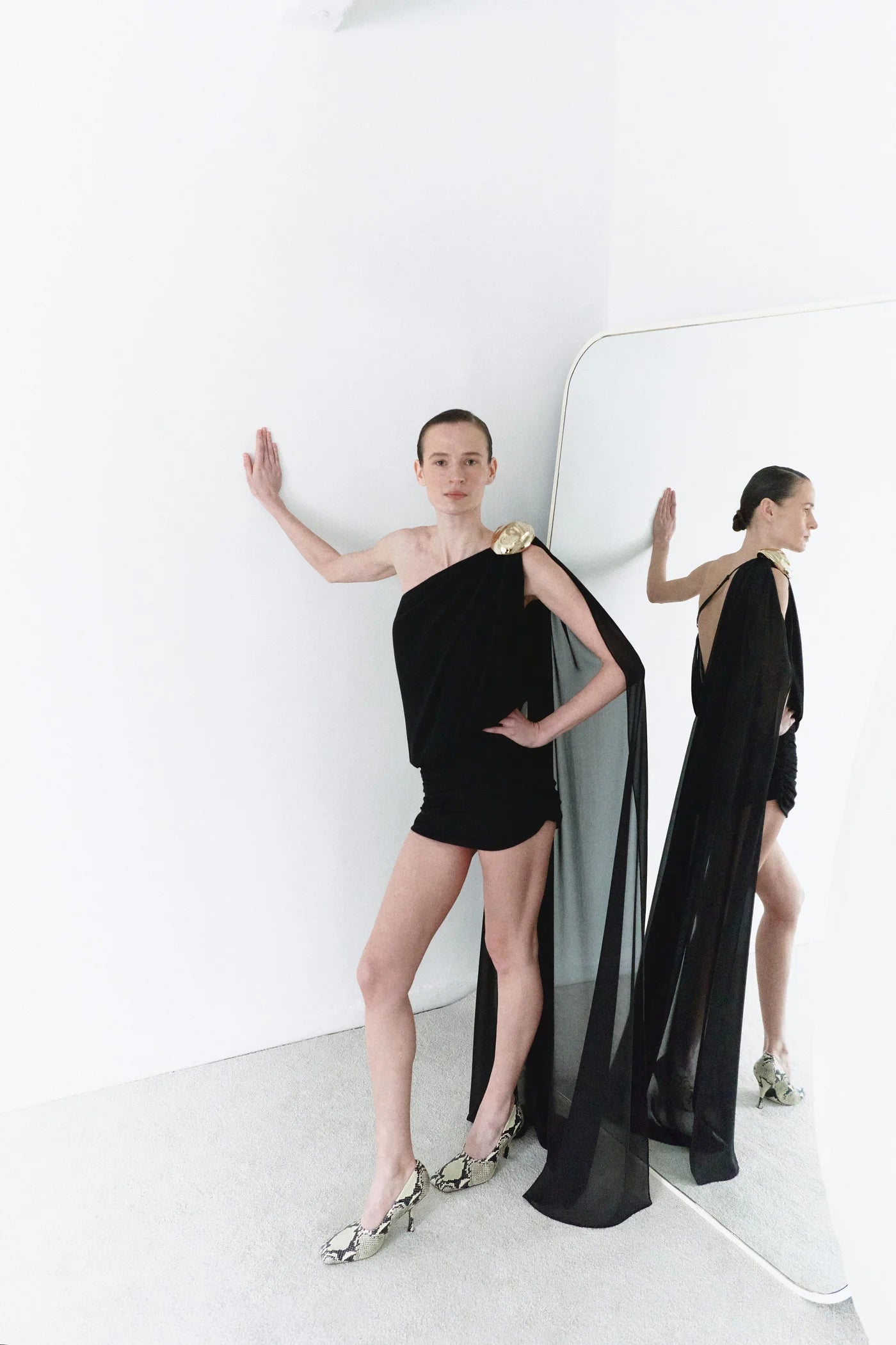 Chiffon Dress with Handmade Stone Detail in Black