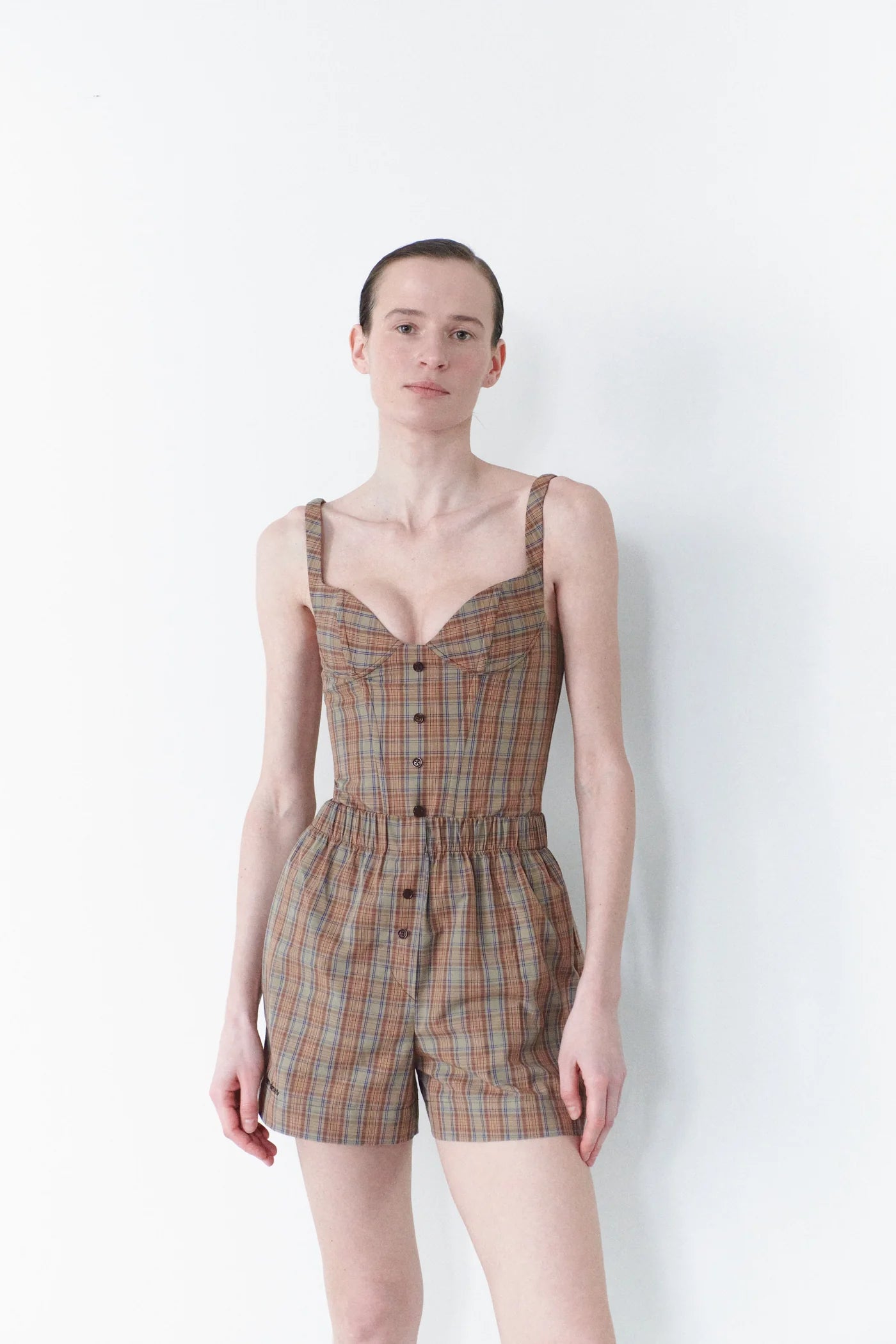 Plaid Short with Button Details in Brown