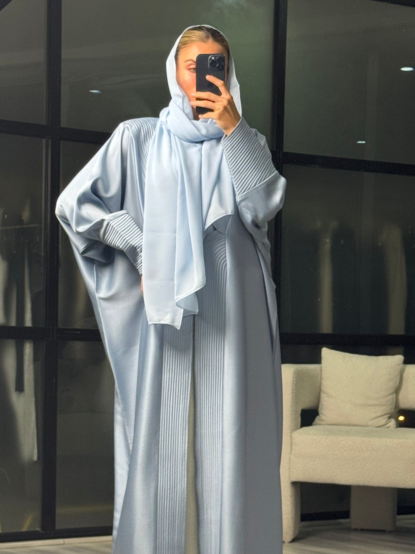 Abaya in Blue with Stitched Patterns