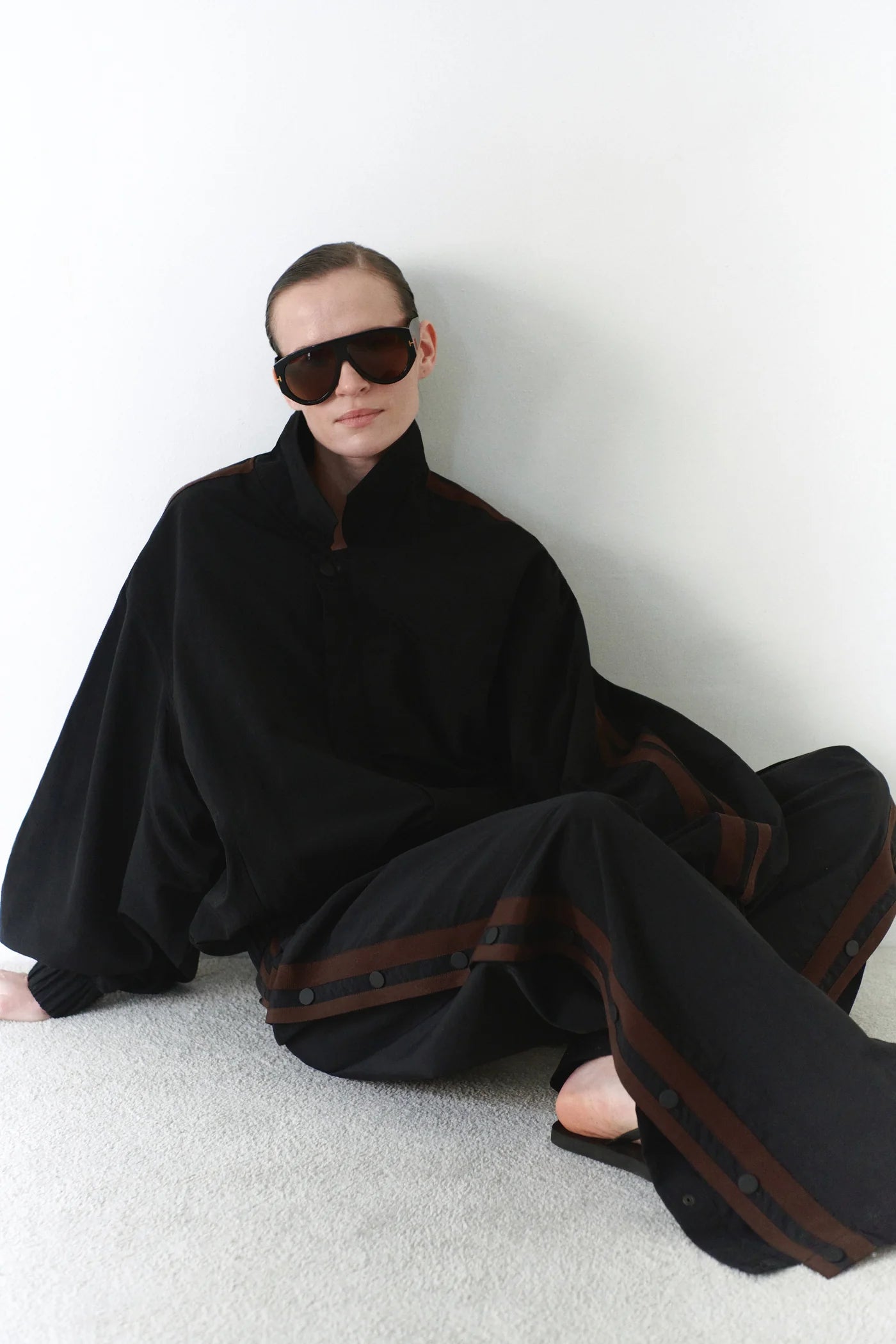 Water Resistant Parachute Track Pants with Brown Stripes in Black
