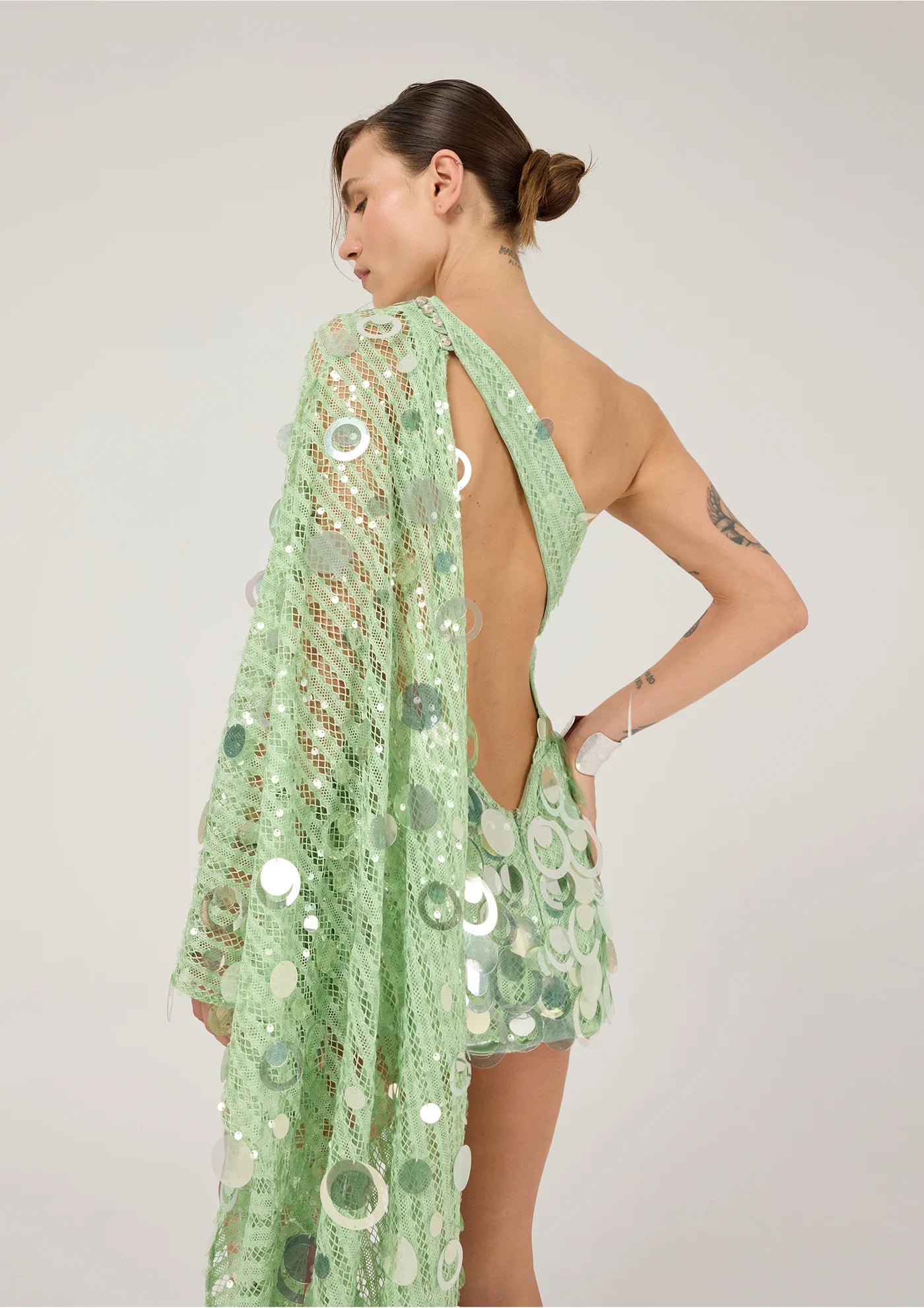 Mint Striped Single Cape Sleeve Mini Dress