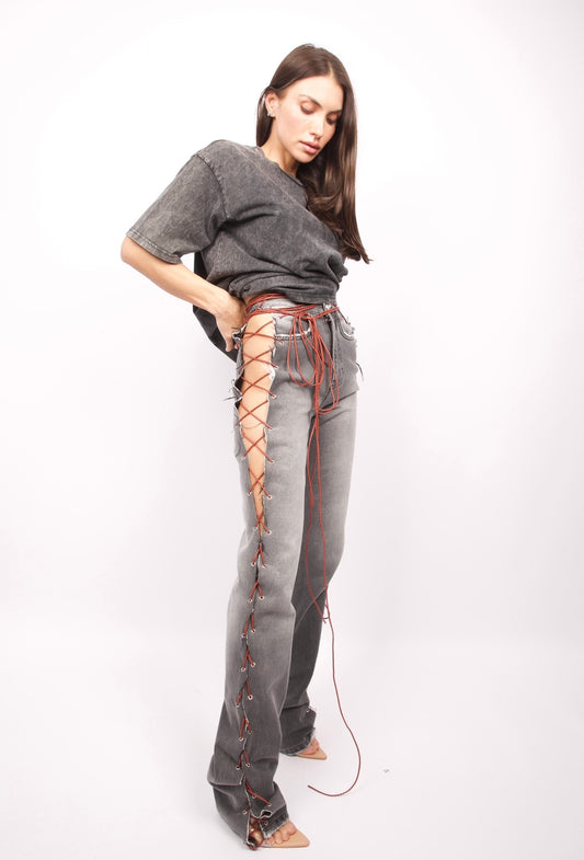 Composition Jeans in Grey with Brown Straps