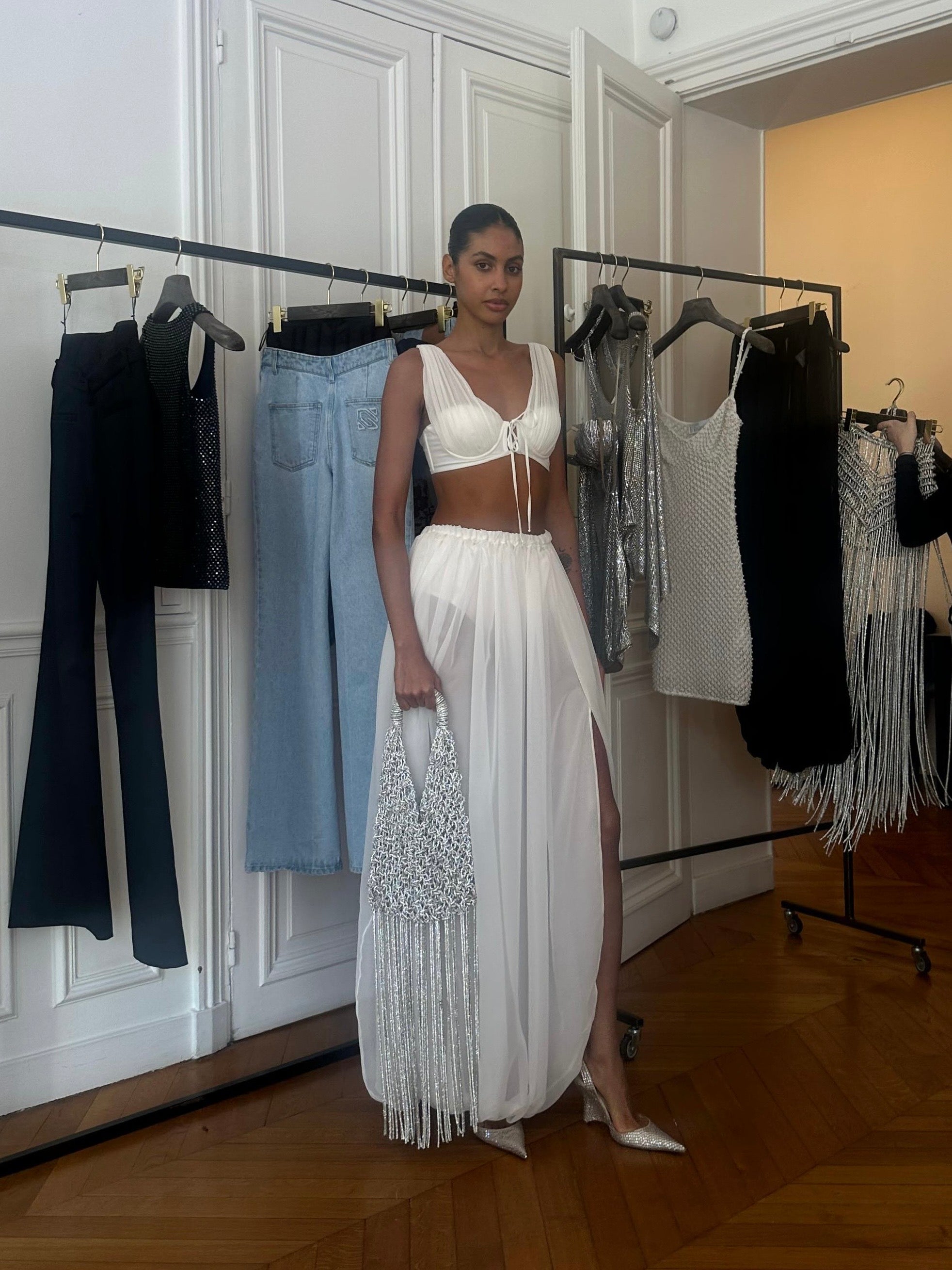 Wide Leg Silk Pants in White