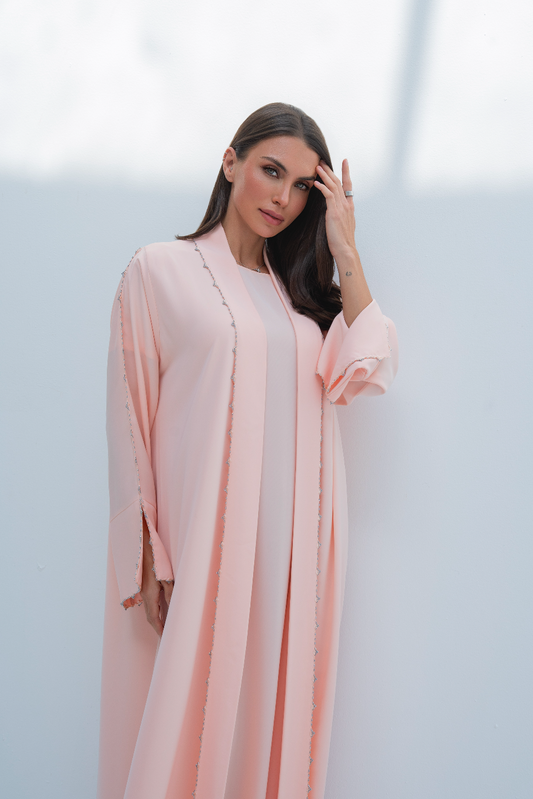 Open-Front Abaya in Pink with Crystals