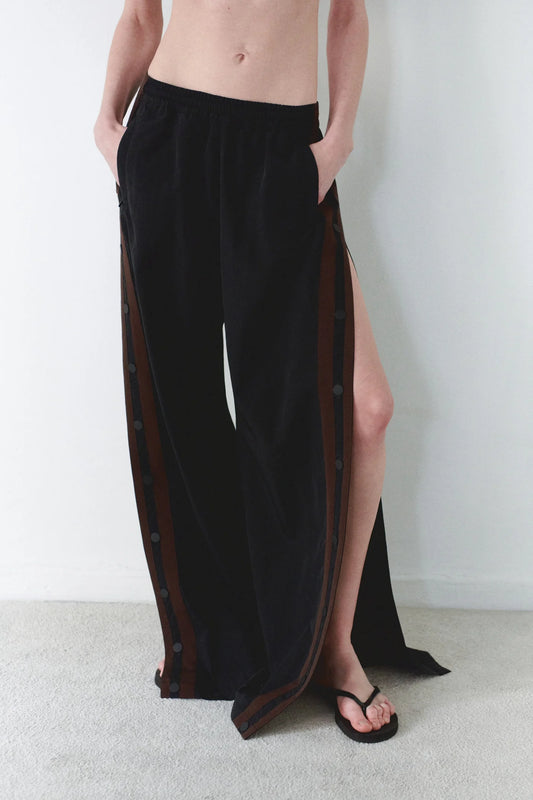 Water Resistant Parachute Track Pants with Brown Stripes in Black