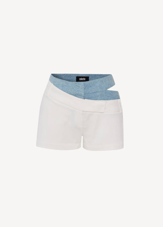 Side Show Double Shorts in Light Gabardine x Denim in White and Sky Blue