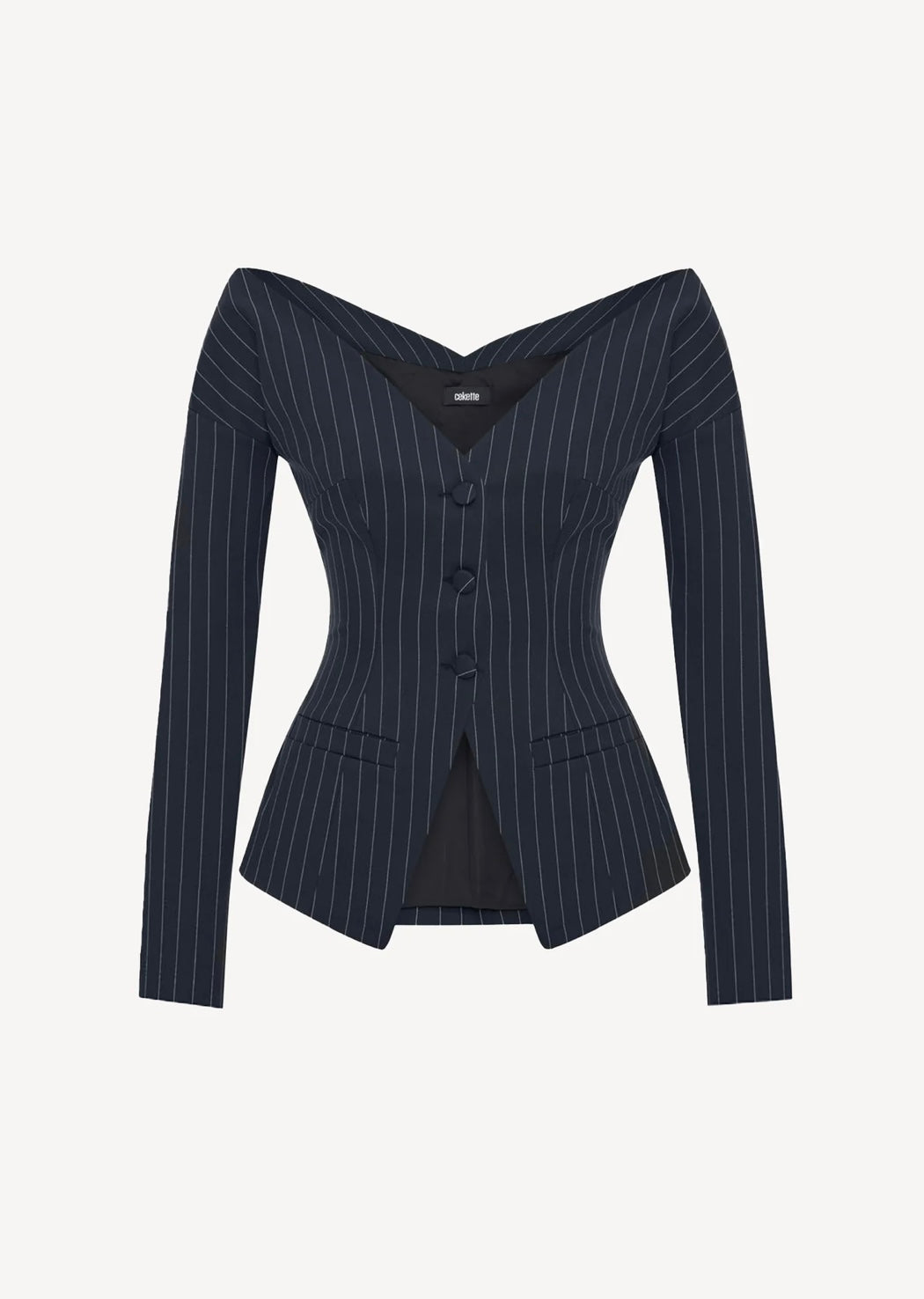 Blazer à fines rayures et épaules dénudées bleu marine