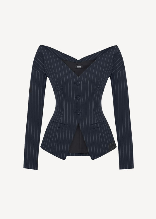 Pinstripe Off Shoulder Blazer in Navy Blue