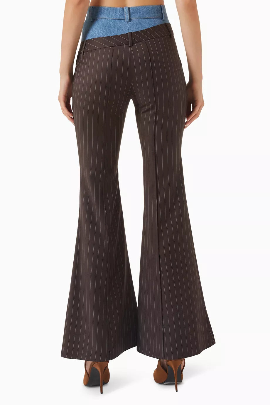 بنطلون مخطط مزدوج الخصر باللون البني والأزرق