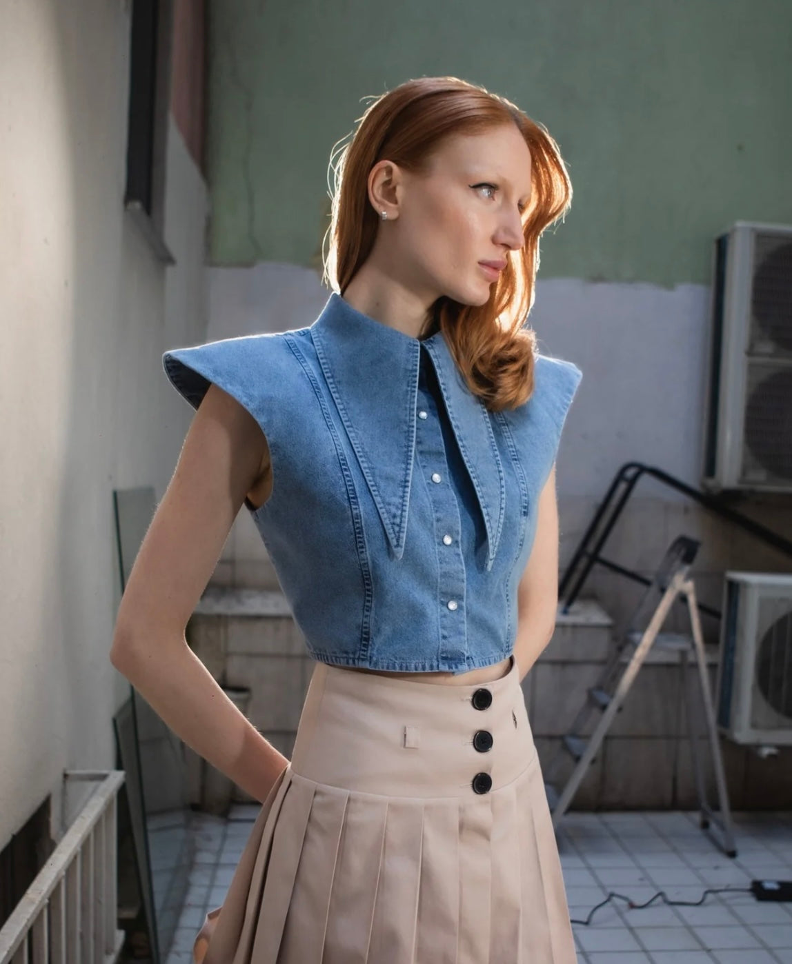 Denim Long Collar Shirt in Blue