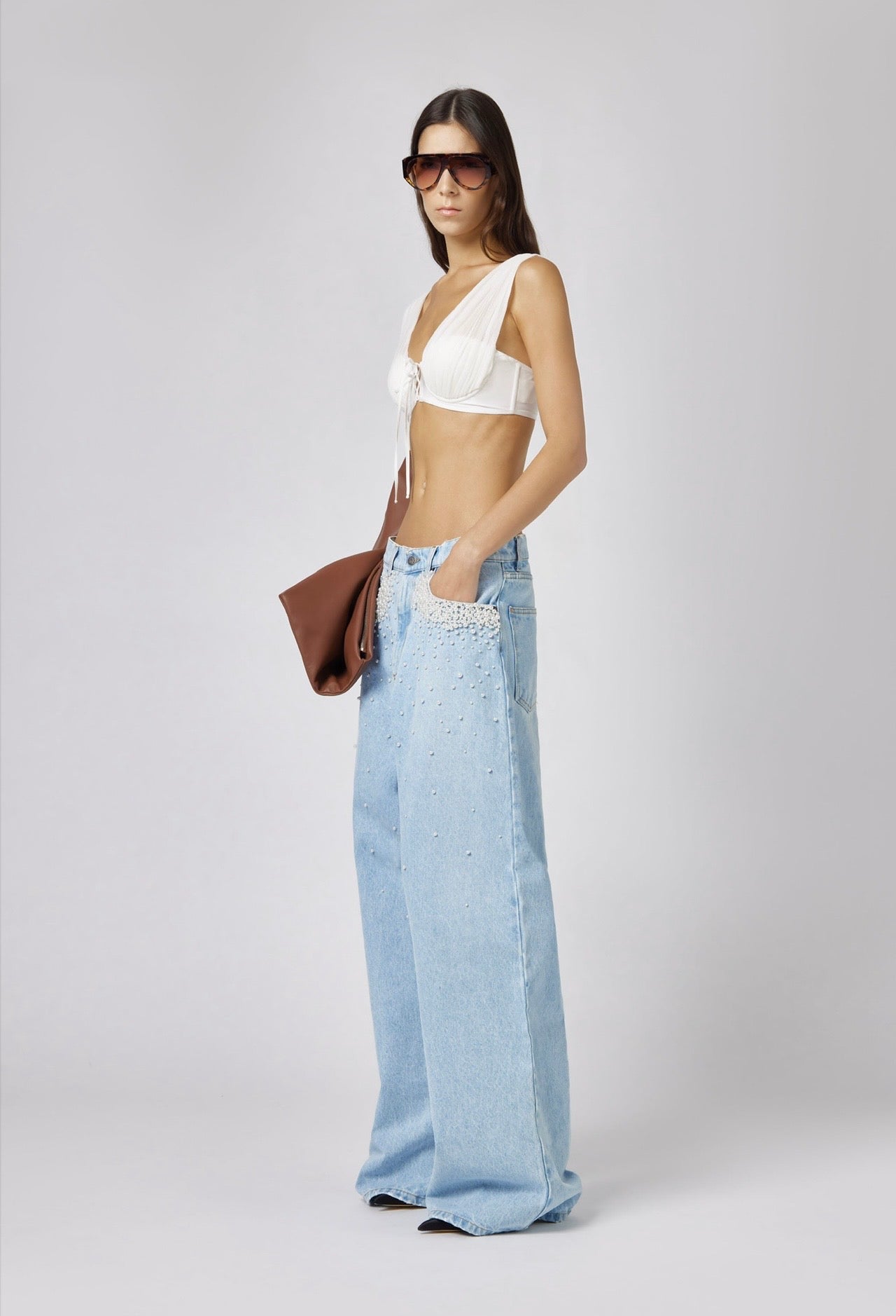 Denim Trousers with Pearls