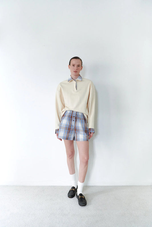 Plaid Short with Button Details in Blue