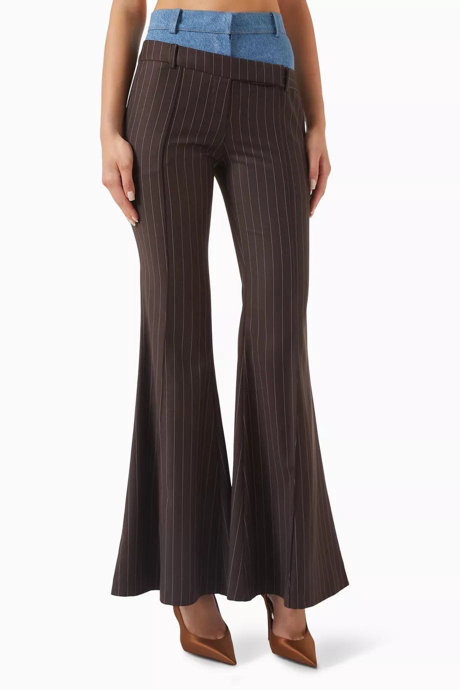 بنطلون مخطط مزدوج الخصر باللون البني والأزرق