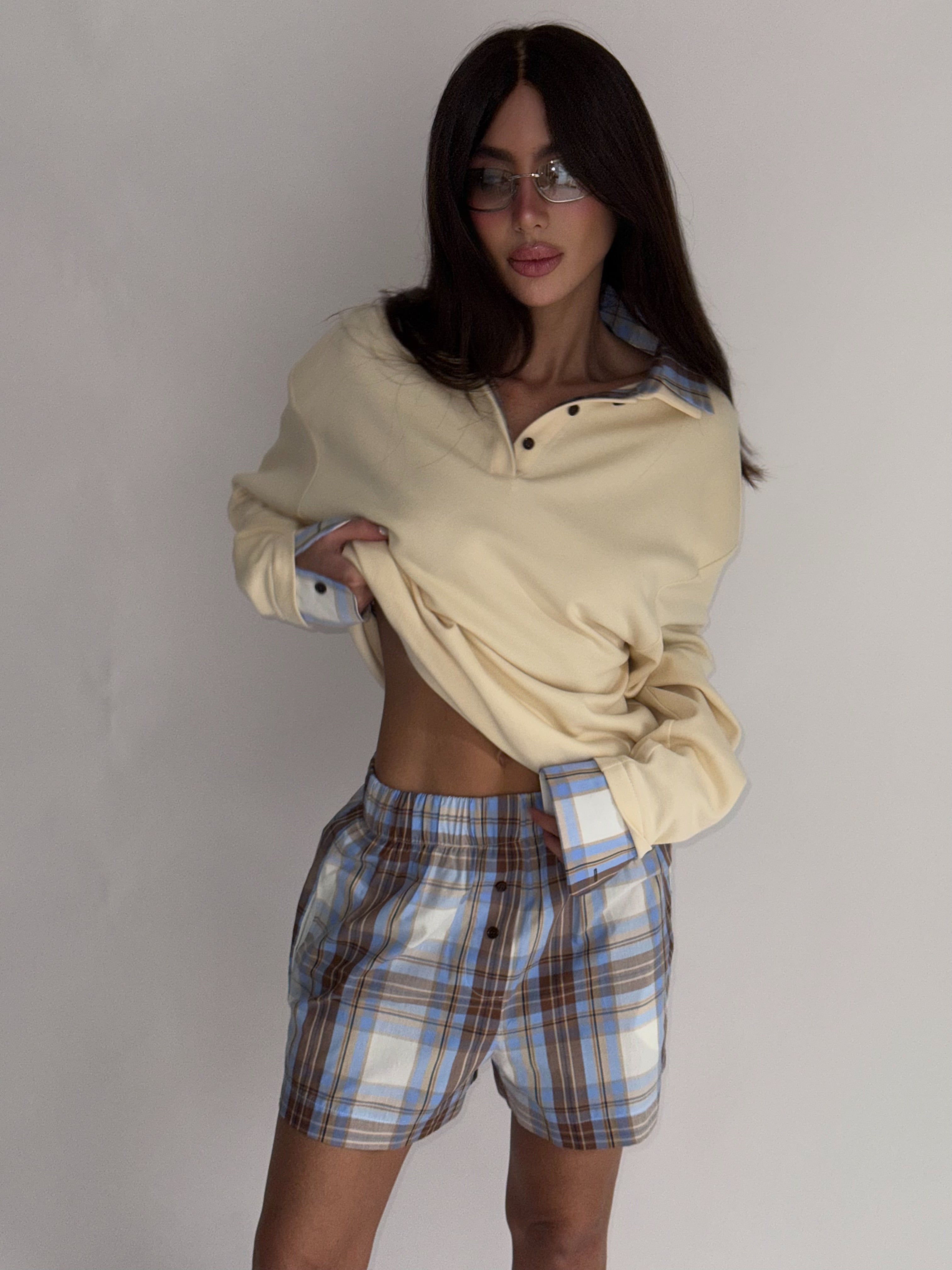 Padded Polo Shirt with Blue Plaid Collar and Cuff Details in Beige