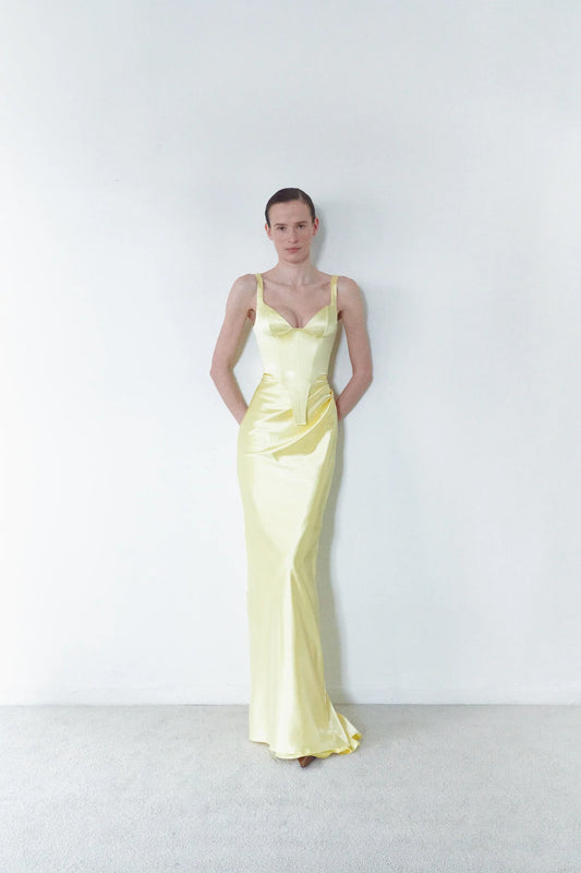 Satin Corset and Long Draped Skirt Two Piece Set in Yellow
