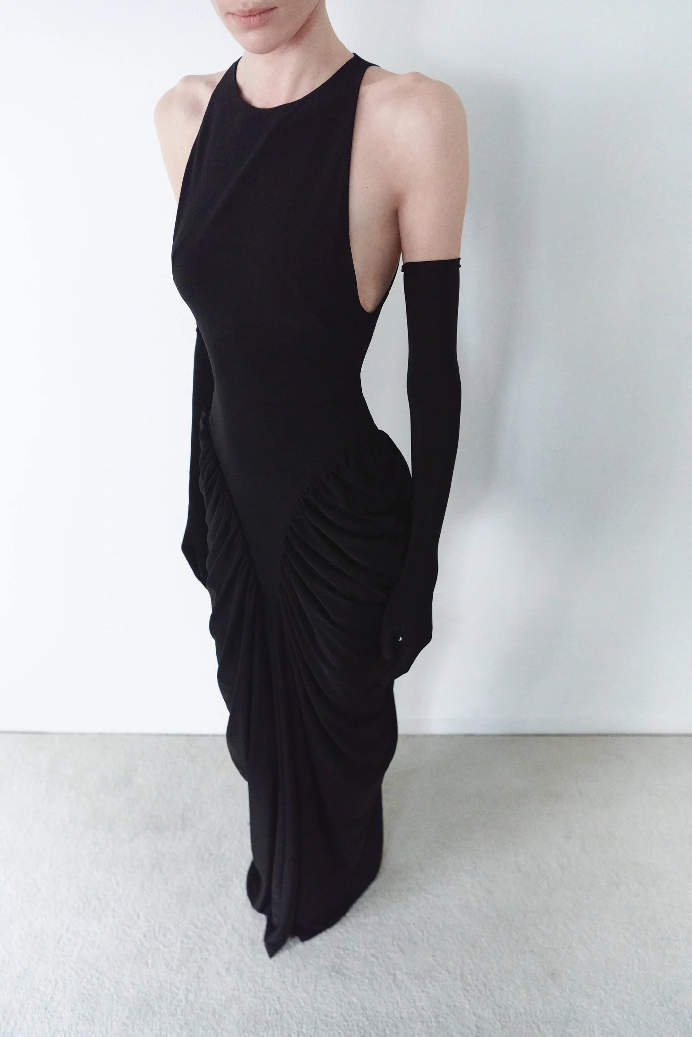 Halter Neck Draped Dress with Gloves in Black