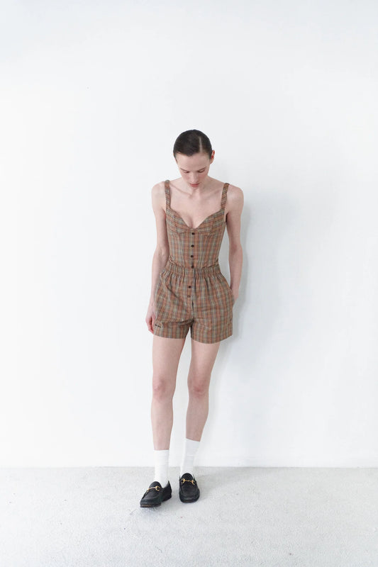 Plaid Corset Top with Button Details in Brown