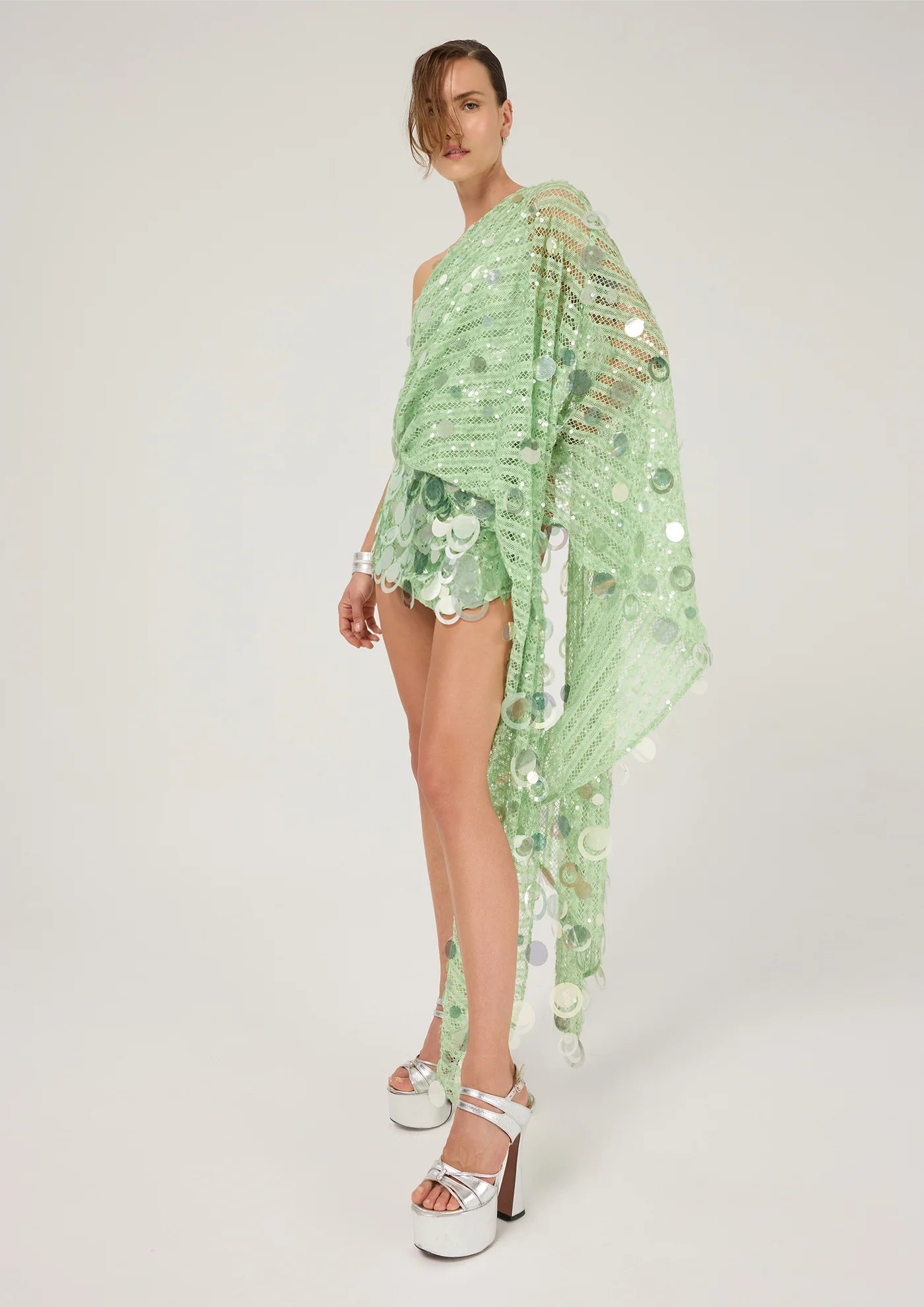 Mint Striped Single Cape Sleeve Mini Dress