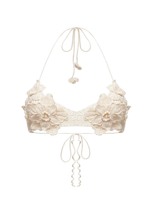 Blossom Knitted Bikini Top in Beige
