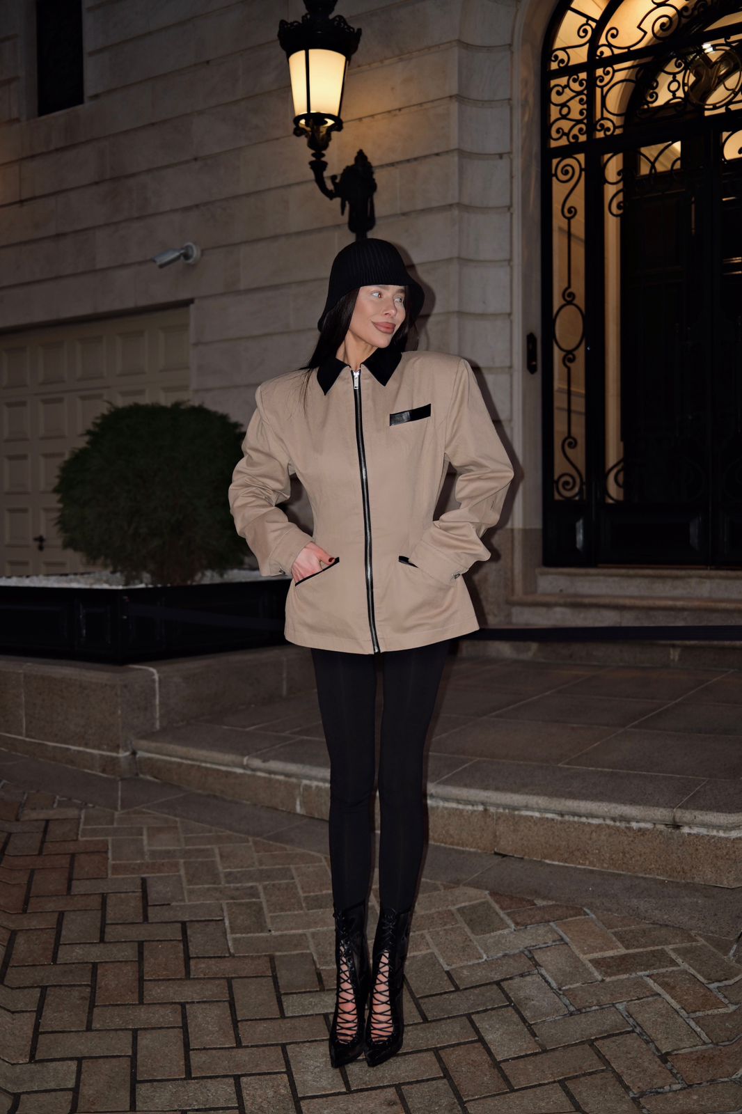 Jacket with Black Inserts in Beige