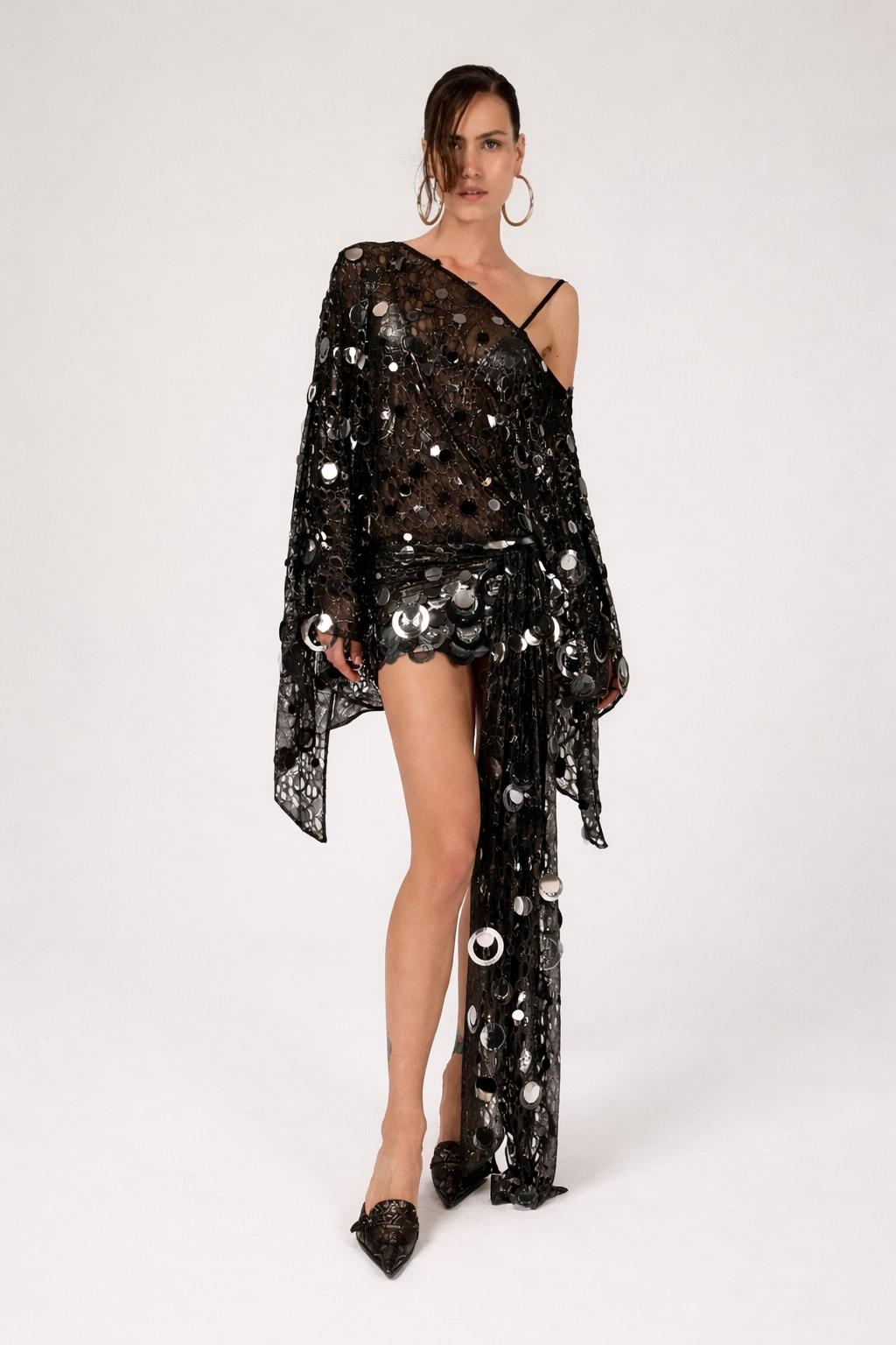 Off-shoulder Mini Dress Embellished with Sequins in Black