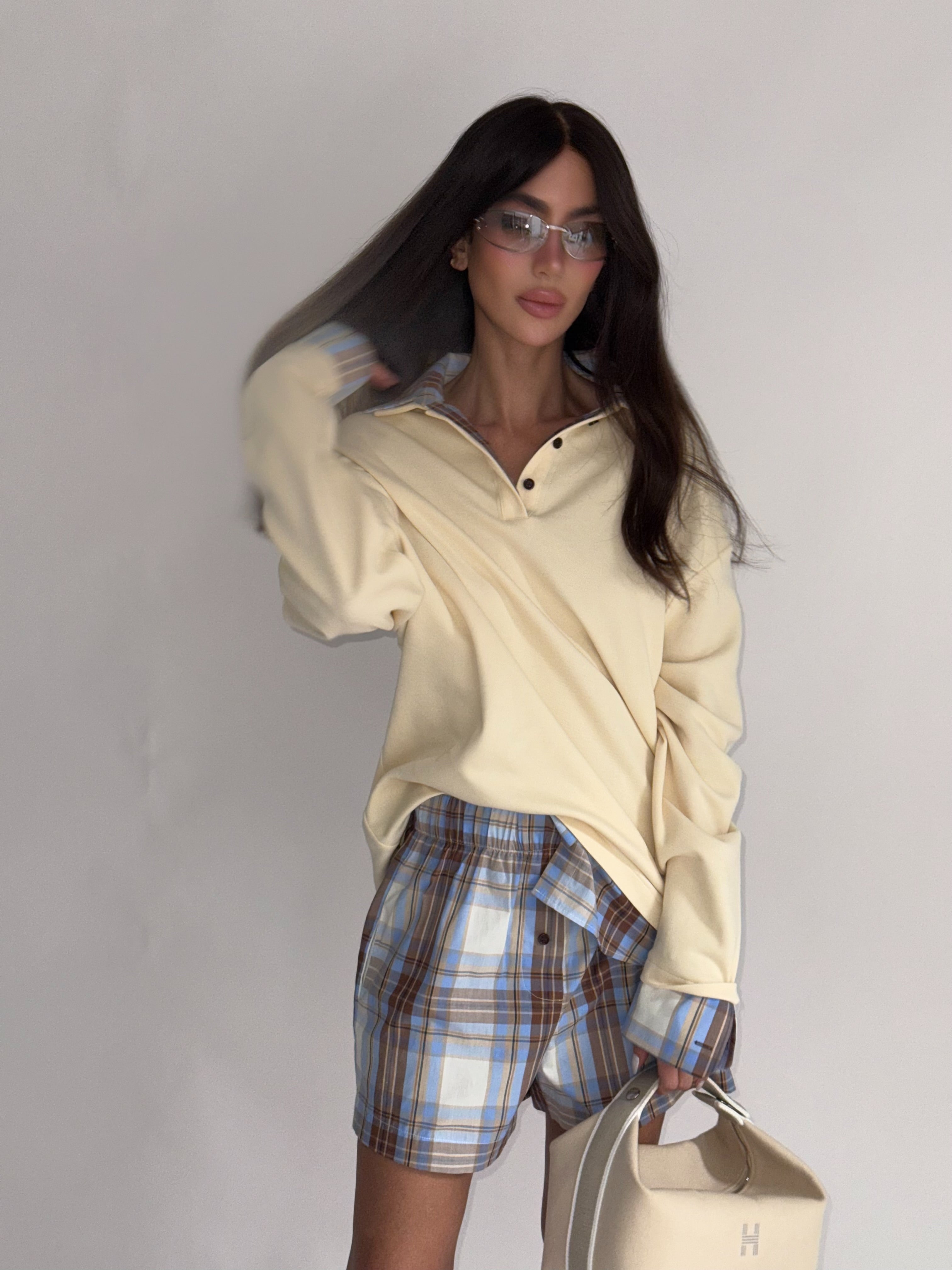 Padded Polo Shirt with Blue Plaid Collar and Cuff Details in Beige