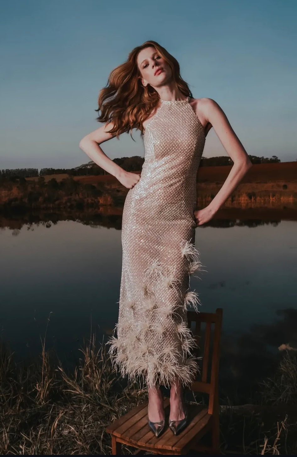 Angelina Midi Dress in Silver-White