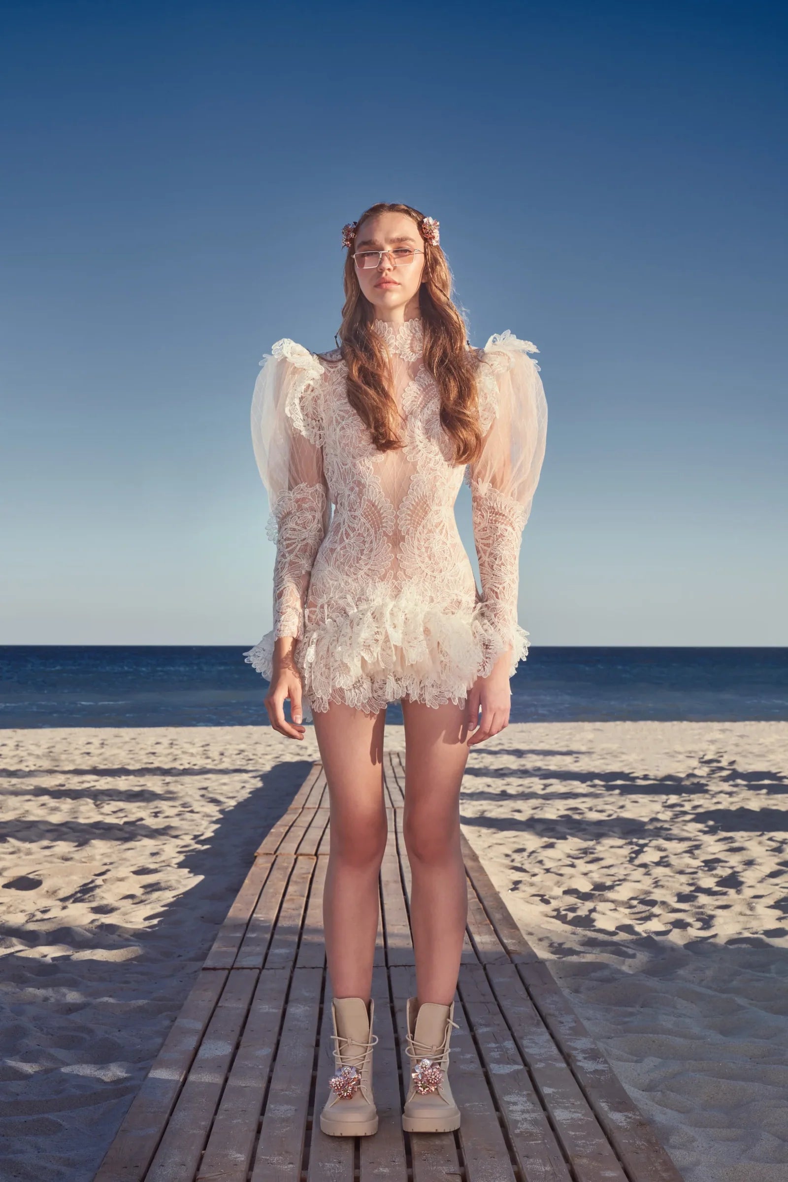Mini Dress with Sheer Puffy Sleeves in White