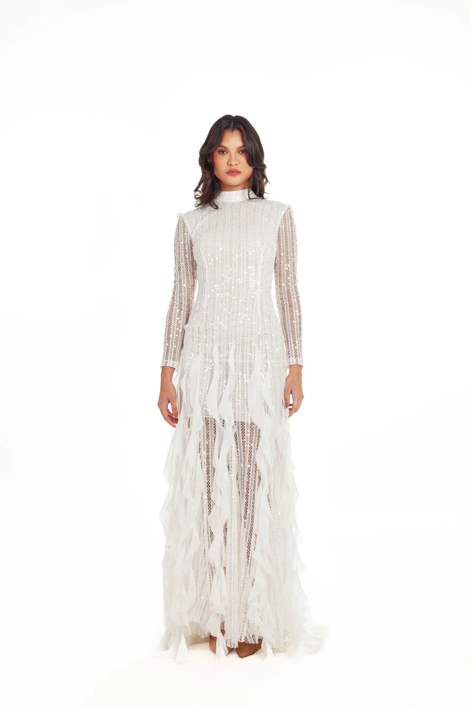 Long Sleeve Sequin Detailed Dress in White
